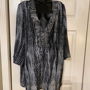 Raviya Black & White Semi-Sheer Beaded Tunic Swim Cover-Up – Size XL